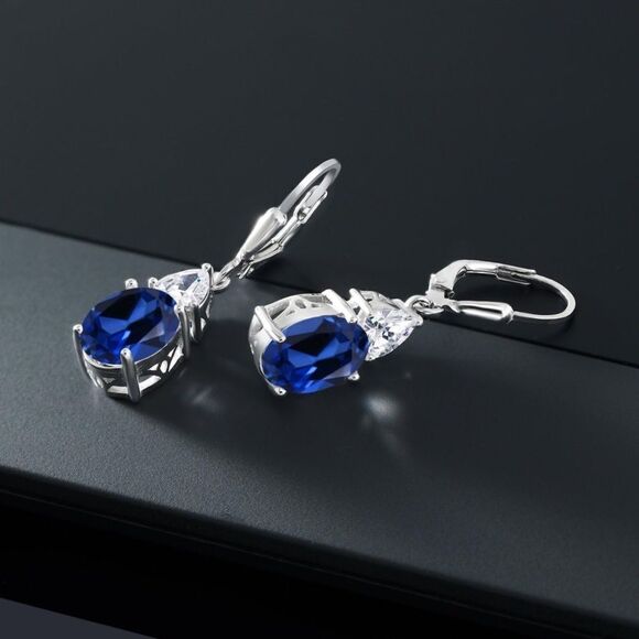 925 Sterling Silver with 6.60 Cttw Blue Sapphire and Moissanite Drop Earrings - Picture 2 of 4